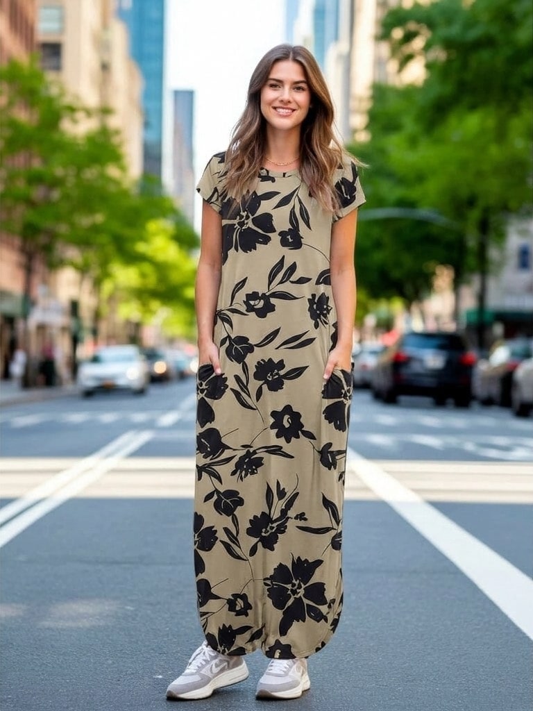 AI virtual try-on preview of a woman in a maxi dress